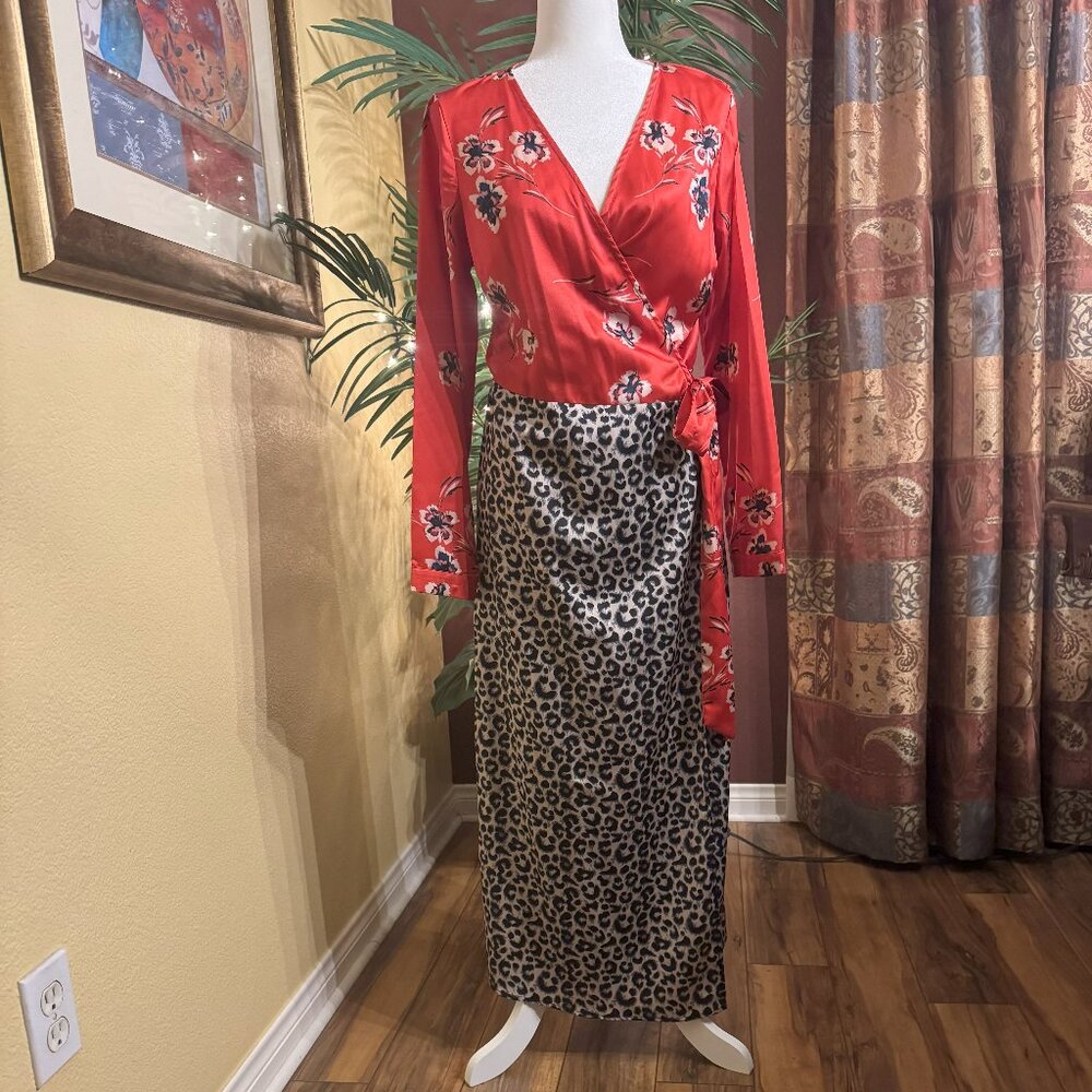 Lulus Red and Animal Printed Maxi Long-Sleeve Satin Dress